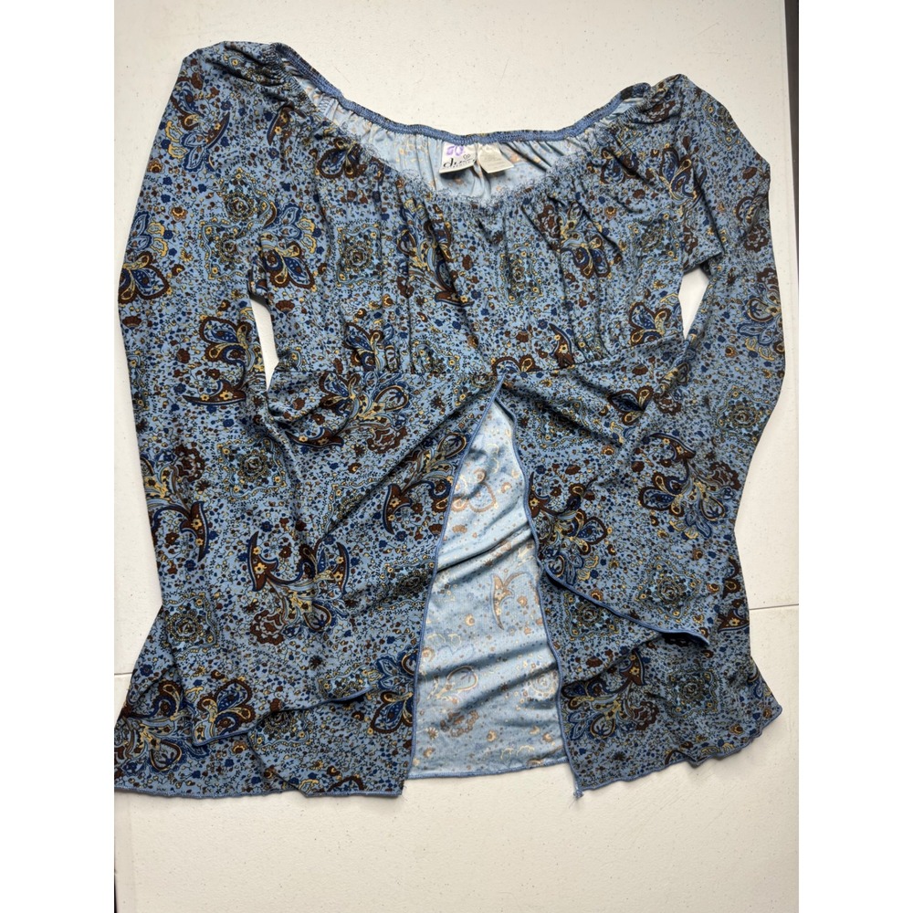 Duo Maternity‎ Blue Paisley Split Front Empire Waist Top Small Long Sleeve Boho
